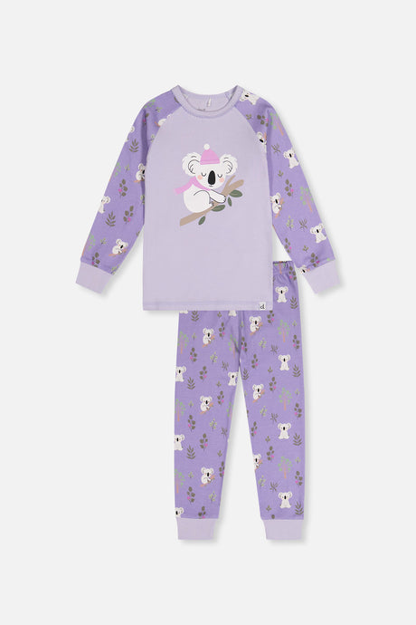 Front view of the purple koala pajama set laid flat with a koala in a pink hat on the lilac top