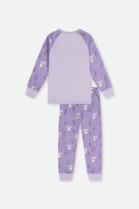 Back view of the purple koala pajama set laid flat with a plain lilac back and koala print sleeves