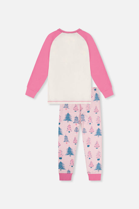 Back view of the plain cream pajama top with pink sleeves laid flat above the pink tree print pants