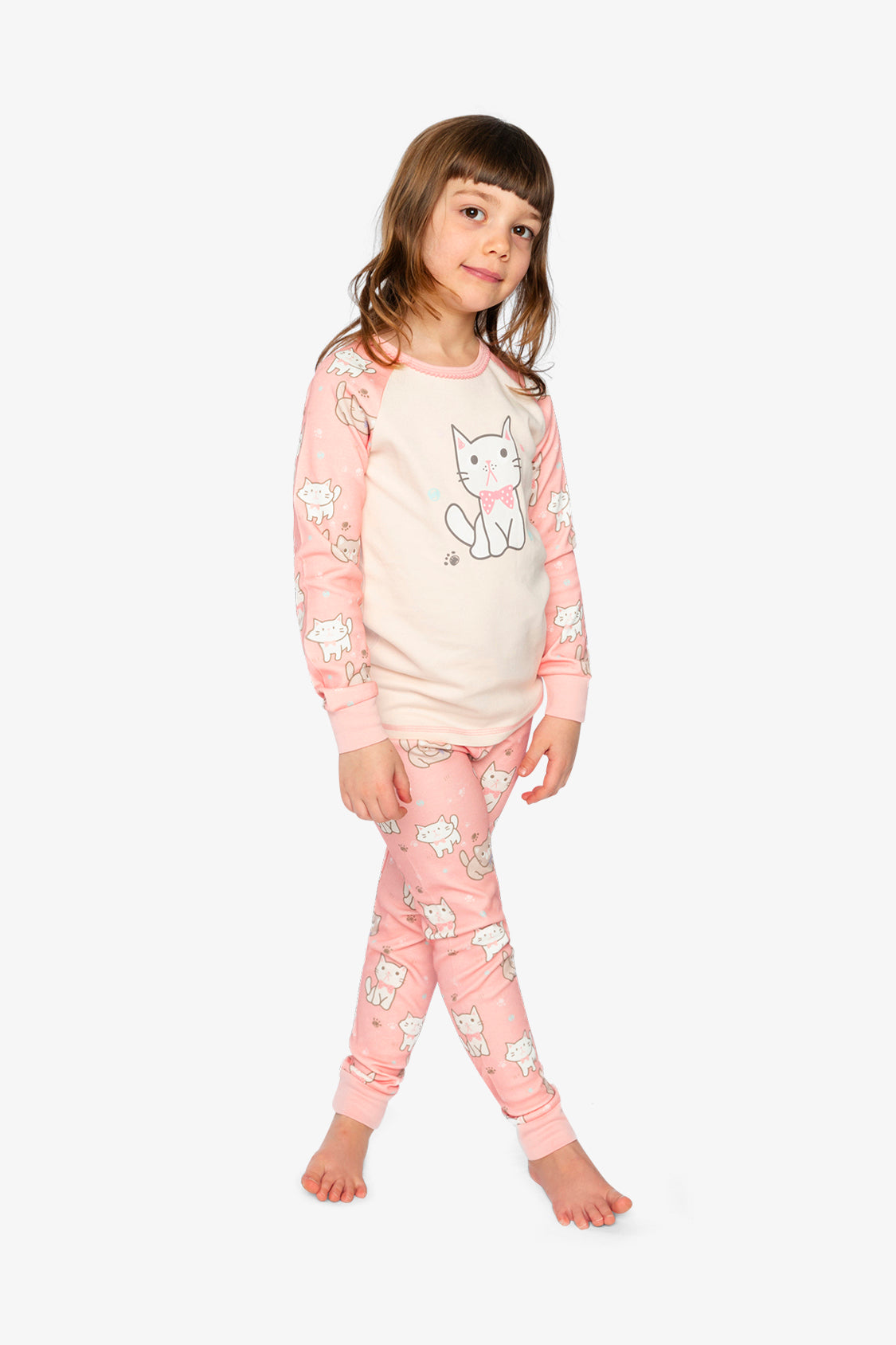 Organic Cotton Two Piece Pajama Set Pink Cat Print-1