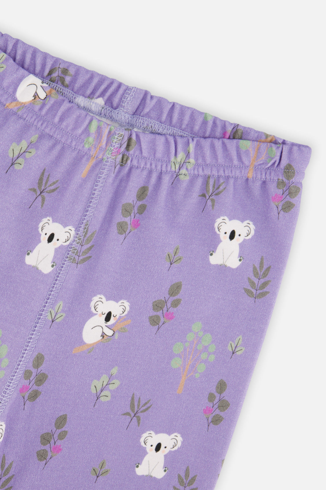 Close-up of the elastic waistband and the koalas, leaves and small pink flowers on the purple pajama pants