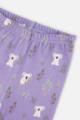 Close-up of the elastic waistband and the koalas, leaves and small pink flowers on the purple pajama pants