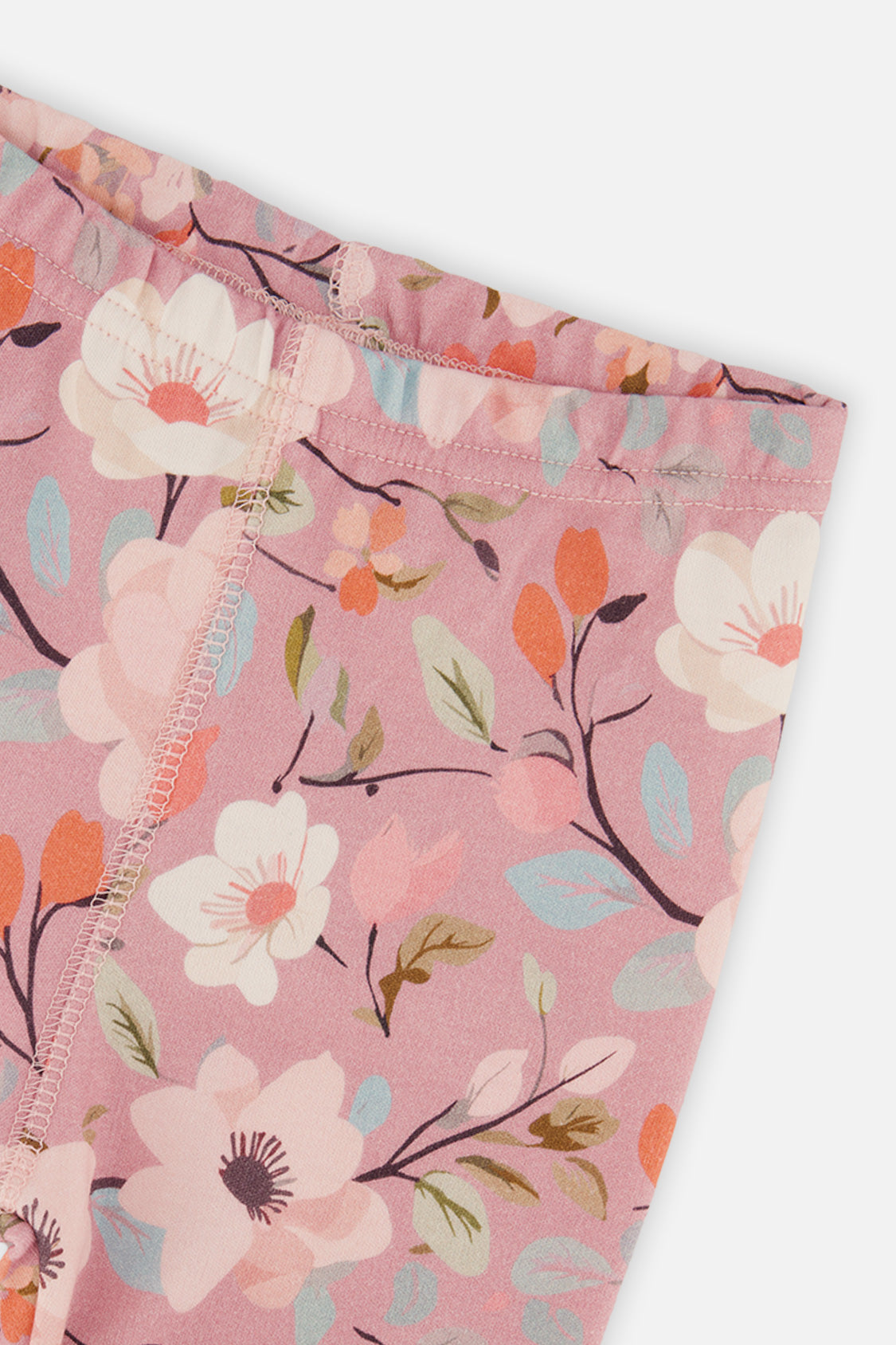 Close-up of the elastic waistband and floral print on the pink pajama pants