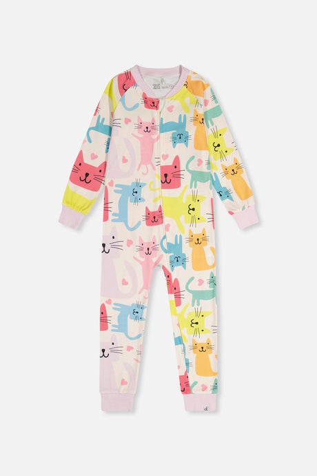 Cream cat print one-piece pajama with a lilac neckband and cuffs and a front zipper, front view laid flat