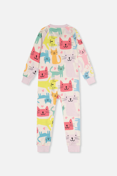 Back view of the cat print one-piece pajama laid flat with lilac cuffs at the wrists and ankles