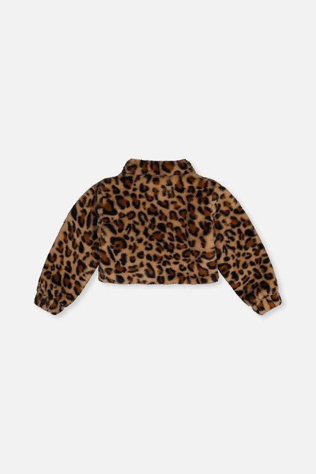 Back view of the brown leopard print faux fur jacket laid flat