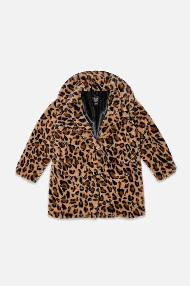 Faux Fur Long Coat Brown Leopard Print-0