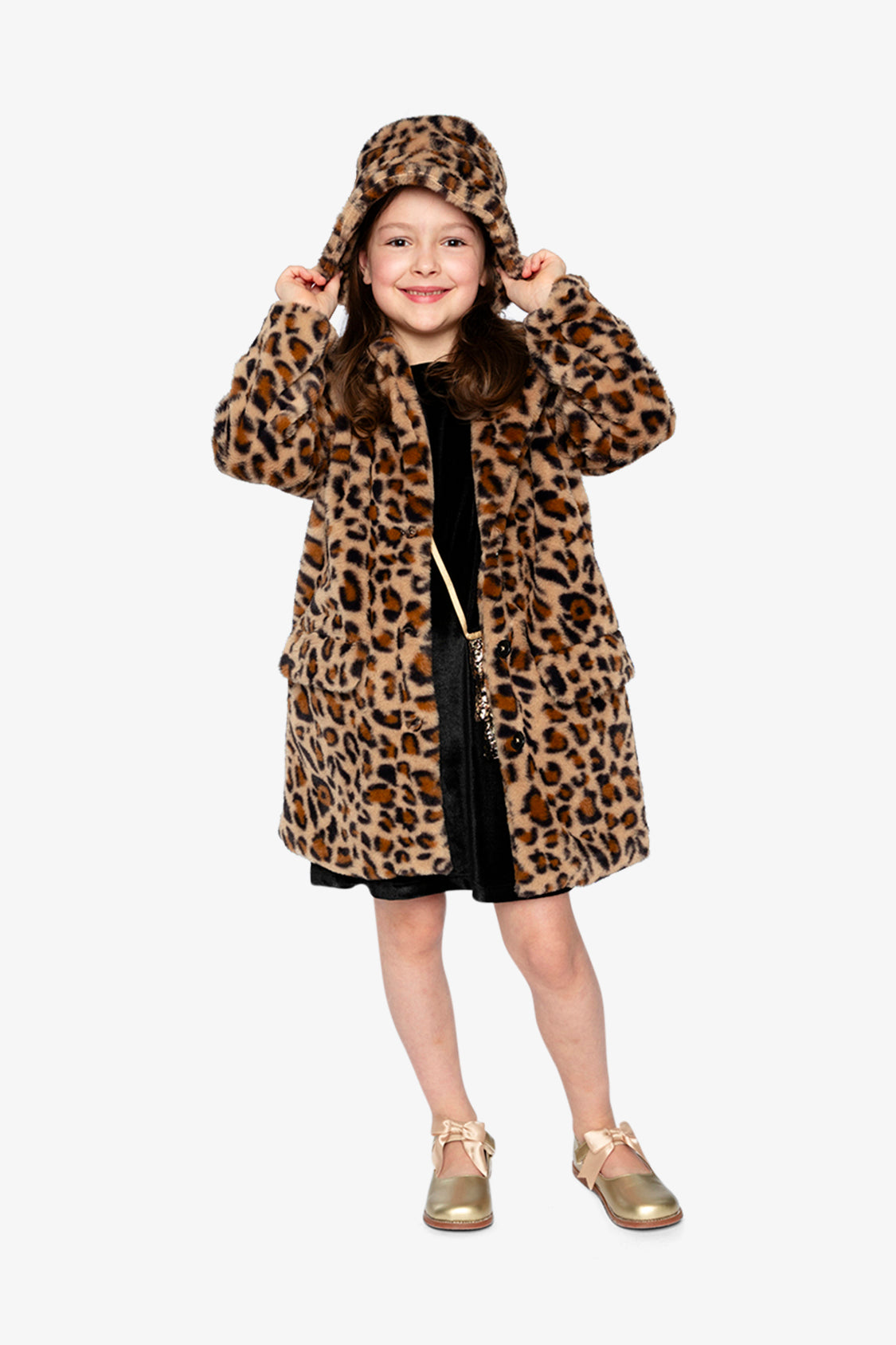 Faux Fur Long Coat Brown Leopard Print-1
