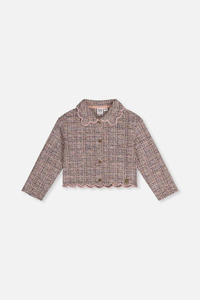 Deux par Deux cropped pink and black tweed-look jacket with a scalloped collar, flat lay front view