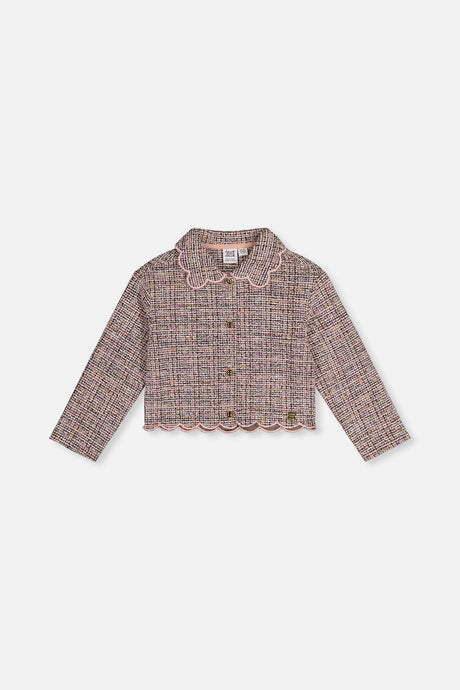 Deux par Deux cropped pink and black tweed-look jacket with a scalloped collar, flat lay front view