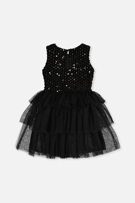 Deux par Deux girls black sparkle dress with a keyhole opening and tiered mesh skirt, back view