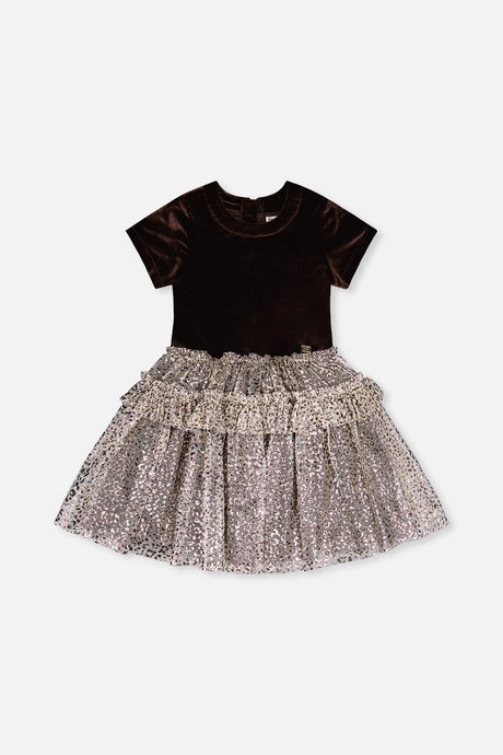 Deux par Deux girls dark brown velvet dress with a ruffled metallic leopard print mesh skirt, front view