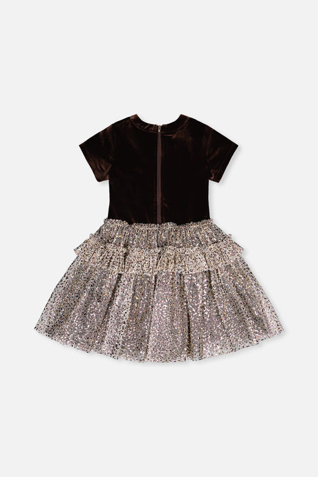 Deux par Deux girls dark brown velvet dress with a zipper down the back, back view