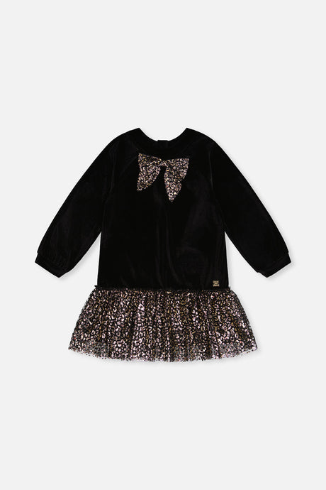 Deux par Deux girls black velour dress with a leopard bow and a metallic gold leopard tulle skirt, front flat view