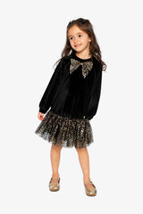 Bi-Material Raglan Sleeves Dress Black And Gold-1