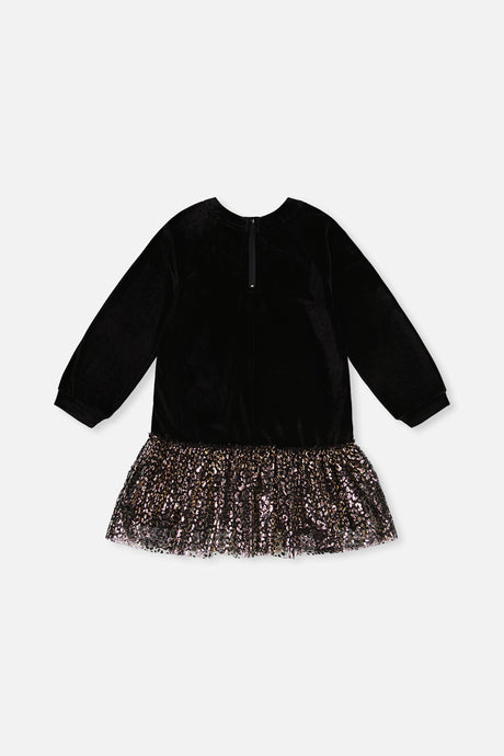 Deux par Deux girls black velour dress with a back zipper and gold leopard skirt, back flat view