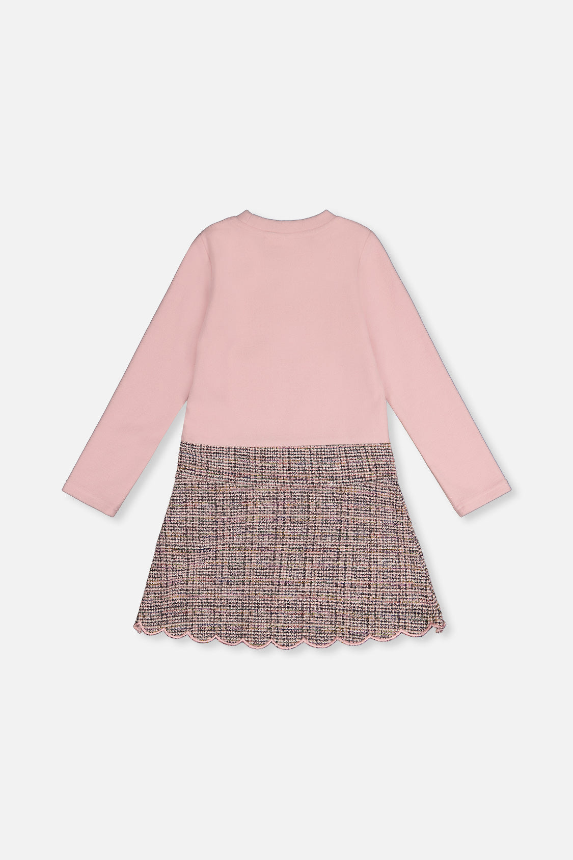 Back view of the pink and black knit dress with long sleeves