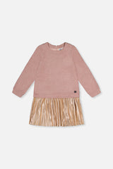 Deux par Deux girls dusty pink long sleeve dress with a shimmering accordion pleated skirt, front view
