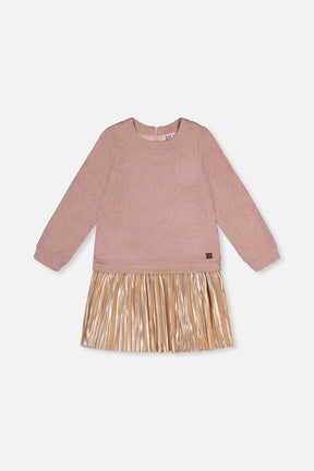 Deux par Deux girls dusty pink long sleeve dress with a shimmering accordion pleated skirt, front view