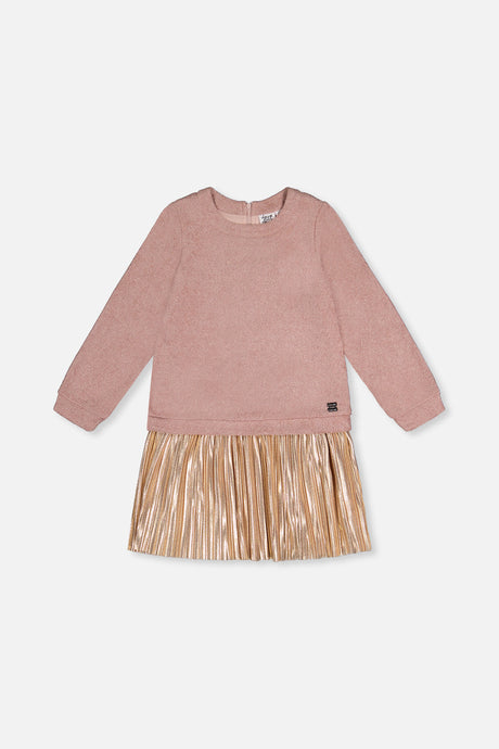 Deux par Deux girls dusty pink long sleeve dress with a shimmering accordion pleated skirt, front view