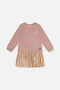 Deux par Deux girls dusty pink long sleeve dress with a shimmering accordion pleated skirt, front view