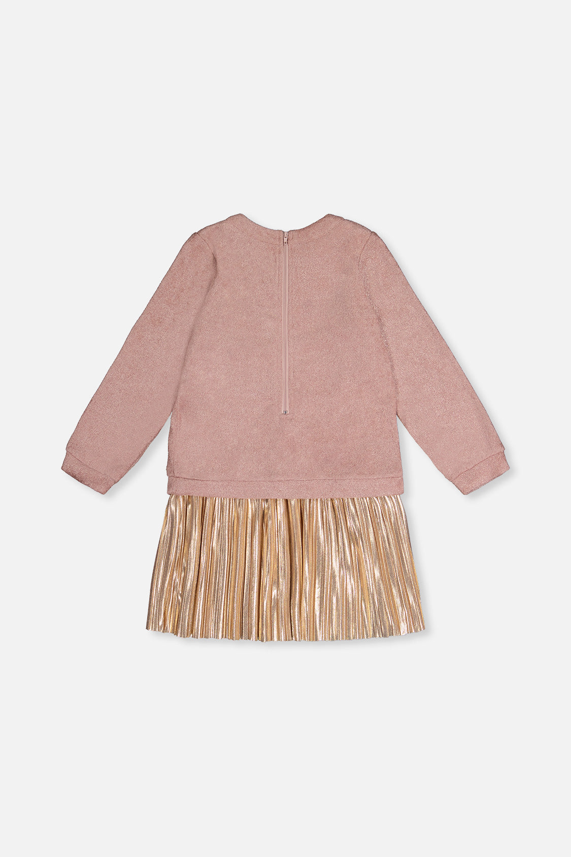 Deux par Deux girls dusty pink dress with a pleated skirt and a zipper at the back, back view