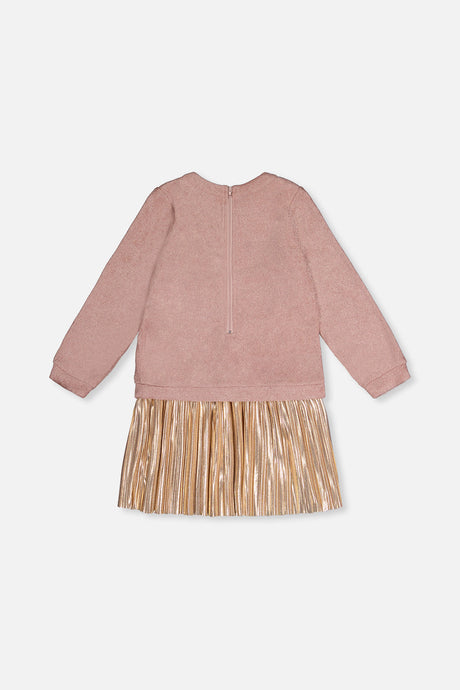 Deux par Deux girls dusty pink dress with a pleated skirt and a zipper at the back, back view