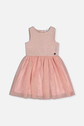 Deux par Deux pink houndstooth sleeveless dress with gathered mesh skirt, front view