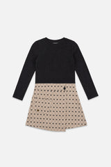 Bi-Material Dress Black And Beige Bow Tie Print-0