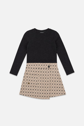 Bi-Material Dress Black And Beige Bow Tie Print-0