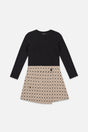 Bi-Material Dress Black And Beige Bow Tie Print-0