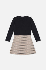 Bi-Material Dress Black And Beige Bow Tie Print-1