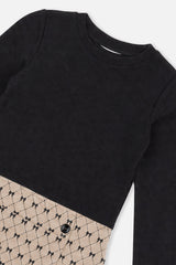 Bi-Material Dress Black And Beige Bow Tie Print-2