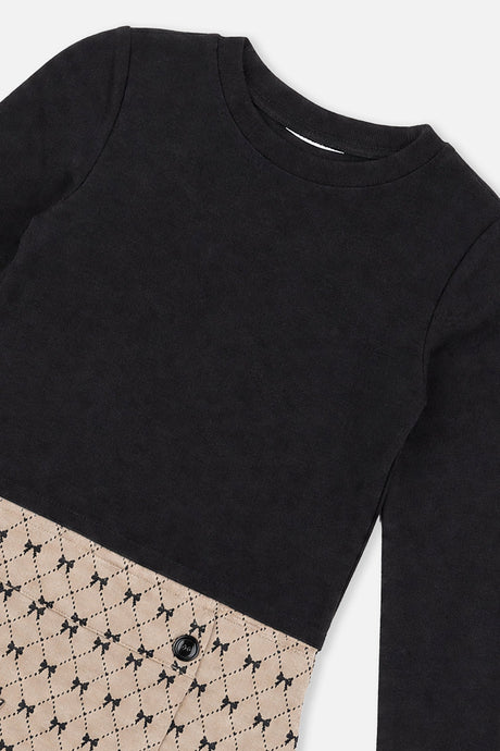 Bi-Material Dress Black And Beige Bow Tie Print-2