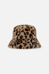 Faux Fur Bucket Hat Brown Leopard Print-2