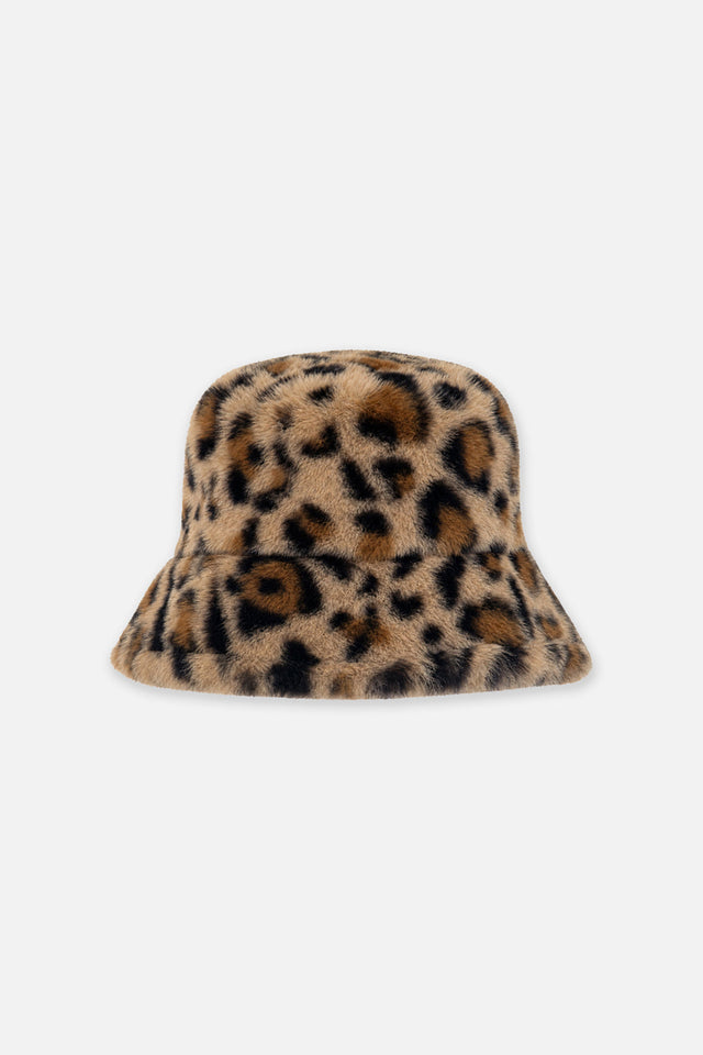 Brown leopard print Deux par Deux faux fur bucket hat, back view
