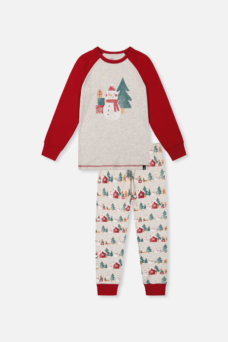 Front view of the beige Christmas pajama set laid flat with a snowman on the oatmeal top and red sleeves