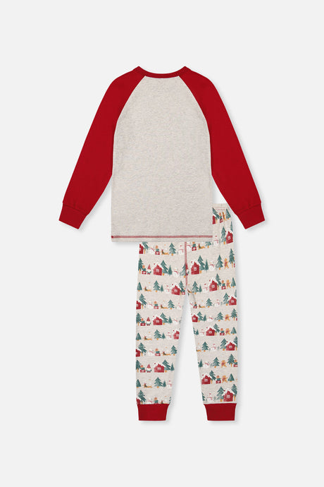 Back view of the beige Christmas pajama set laid flat with red sleeves and ankle cuffs