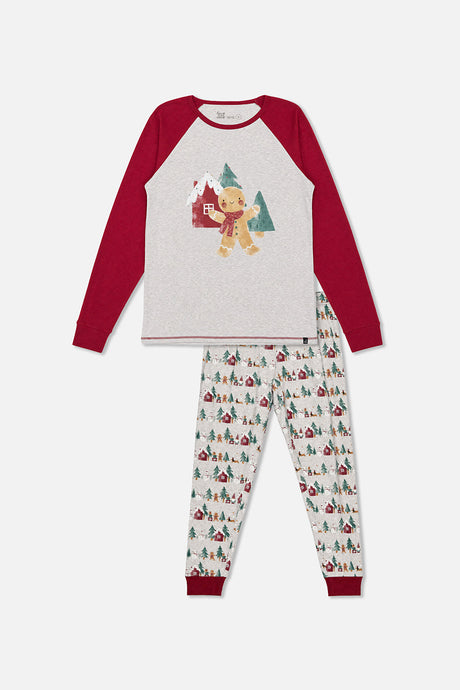 Front view of the men's Christmas pajama set laid flat with red raglan sleeves and printed pants