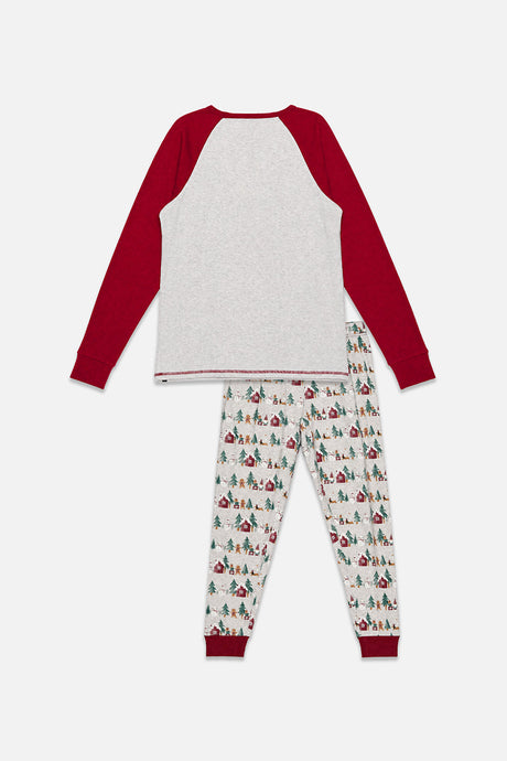 Back view of the men's Christmas pajama set laid flat with a plain grey back and red sleeves