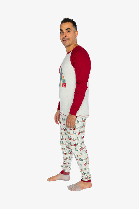 Man wearing the Christmas PJs in side view with red sleeves