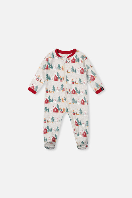 Beige Christmas print footed baby pajama with a red neckband and cuffs, front view laid flat