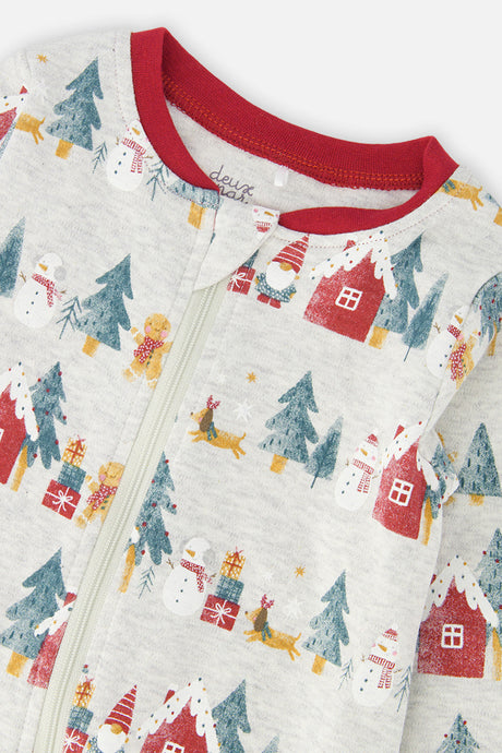 Close-up of the red neckline and the snowmen, gingerbread men, gifts and houses on the beige pajama