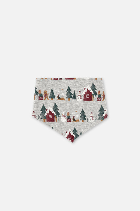 Deux par Deux holiday print dog bandana with snowmen, trees and red cabins, front view