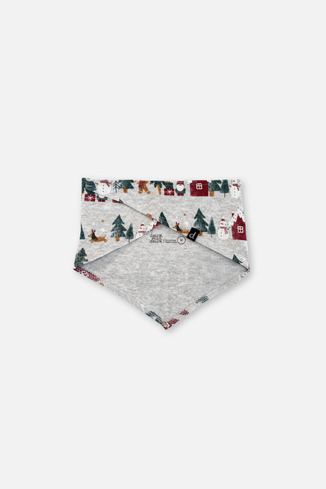 Back of the gray Christmas dog bandana showing the brand label