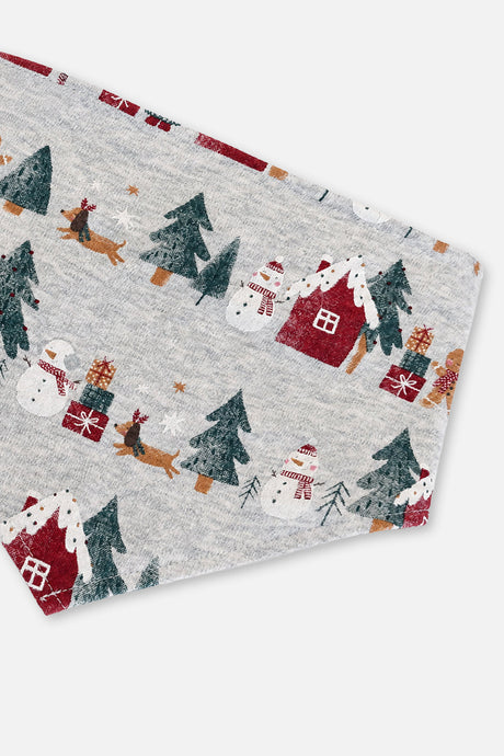 Close-up of the snowman, reindeer and gift print on the dog bandana