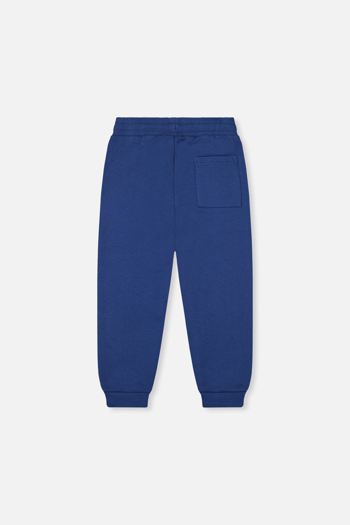 Deux par Deux blue fleece sweatpants, back view with a patch pocket and ribbed cuffs