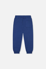 Deux par Deux blue fleece sweatpants, back view with a patch pocket and ribbed cuffs