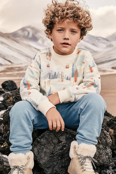 Fleece Sweatshirt Beige Ski Print-1