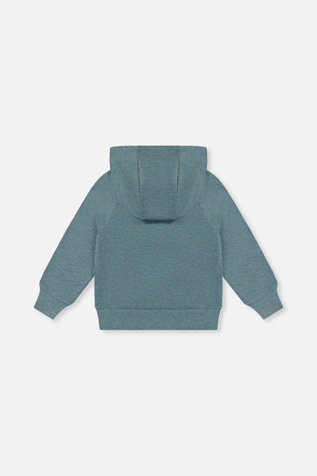 Deux par Deux heathered teal hoodie with ribbed cuffs and hem, flat lay back view